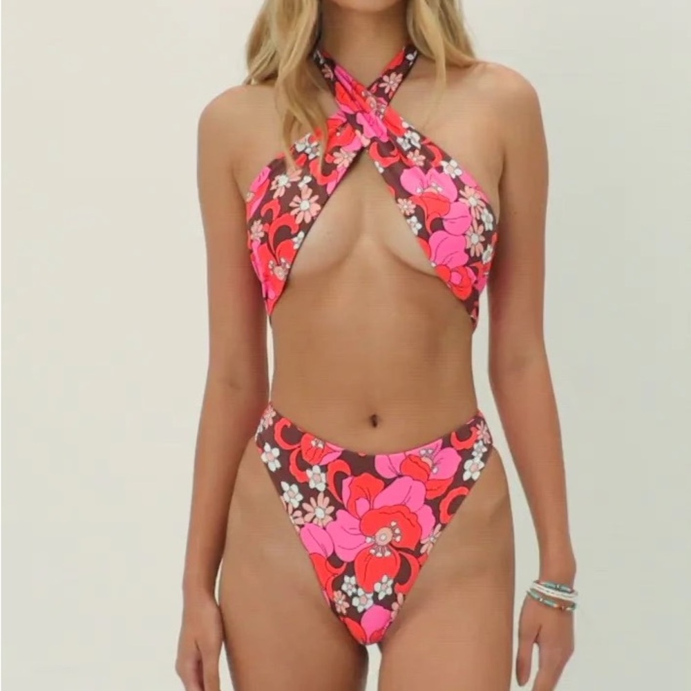 Frankies Bikinis Dorothy Floral Halter One Piece Swimsuit - Tropics